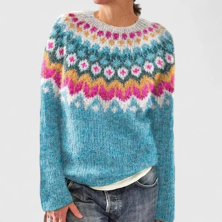 Fair Isle Crew Neck Sweater with Yoke Pattern and Ribbed Hem for Women
