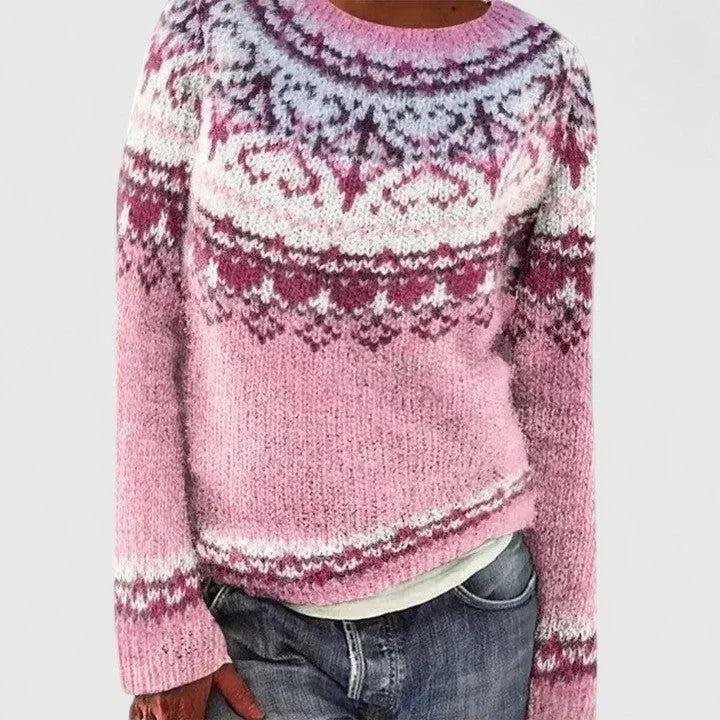 Fair Isle Crew Neck Sweater with Yoke Pattern and Ribbed Hem for Women