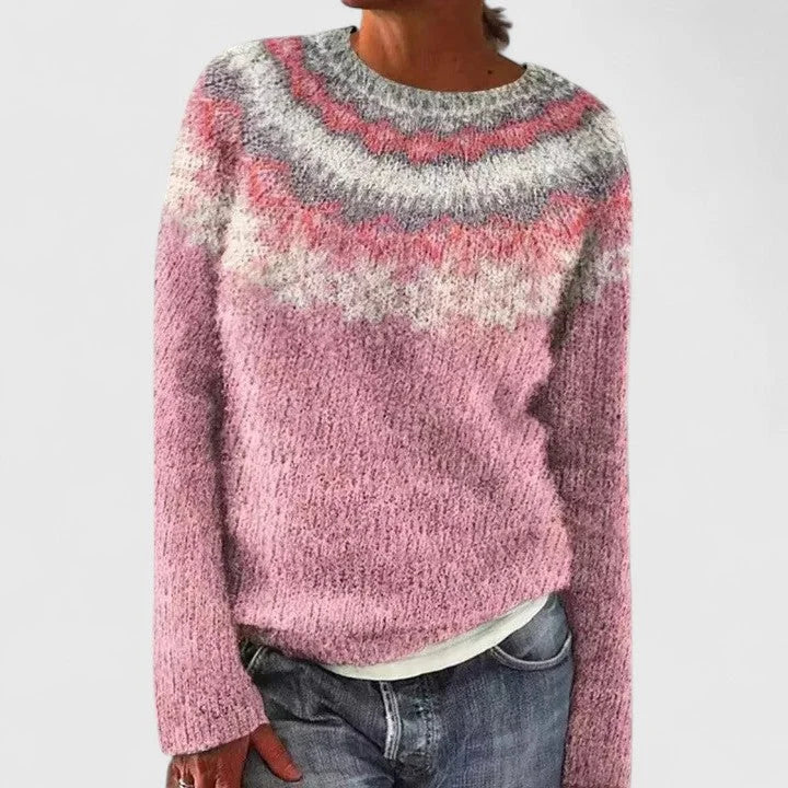 Fair Isle Crew Neck Sweater with Yoke Pattern and Ribbed Hem for Women