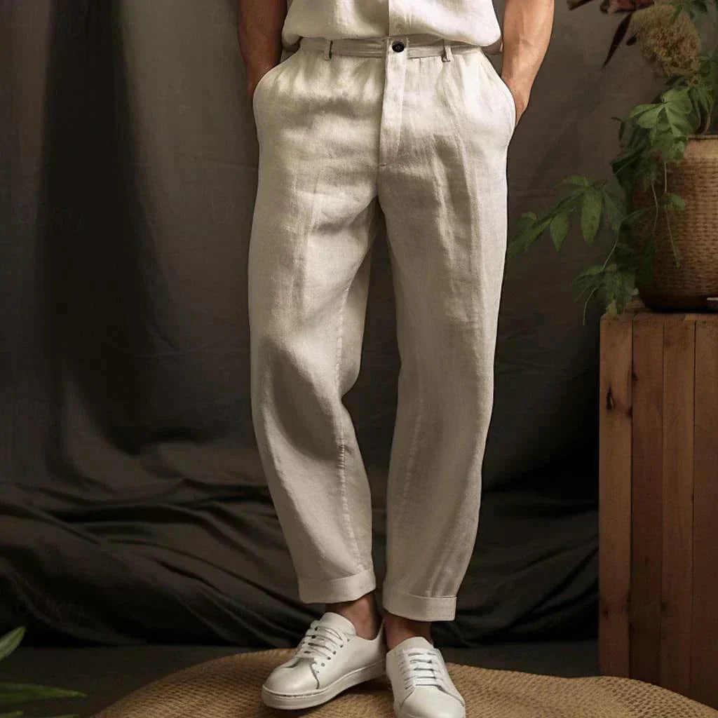 Relaxed Tapered Trousers with Button Waist and Cuffed Hem for Men