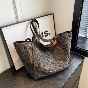 Leopard Print Tote Bag with Wide Handles and Open Top for Women