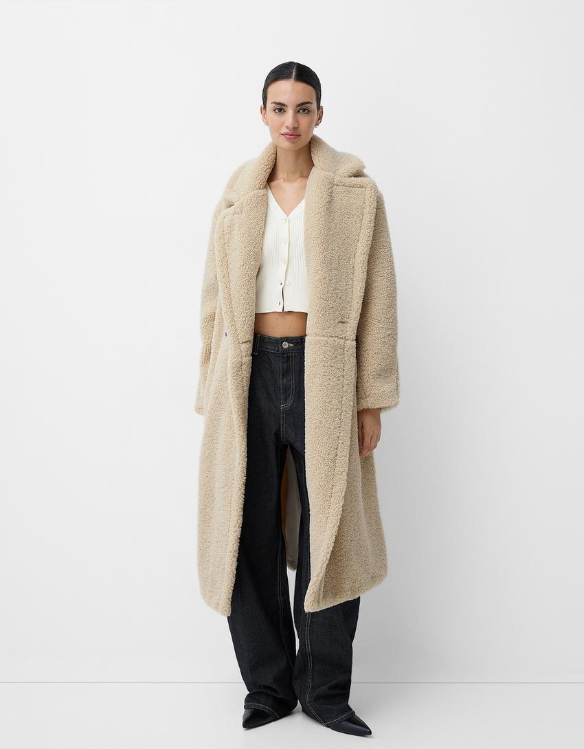 Manteau Teddy long élégant avec col et boutons