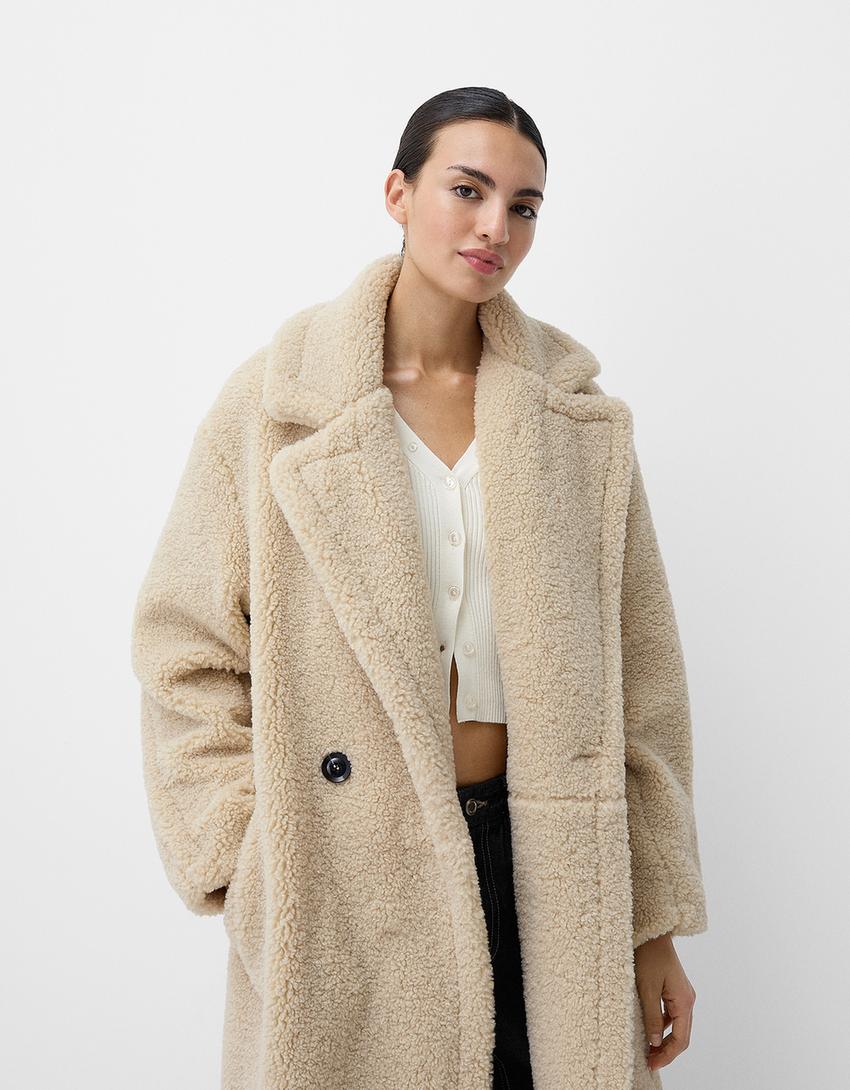 Manteau Teddy long élégant avec col et boutons