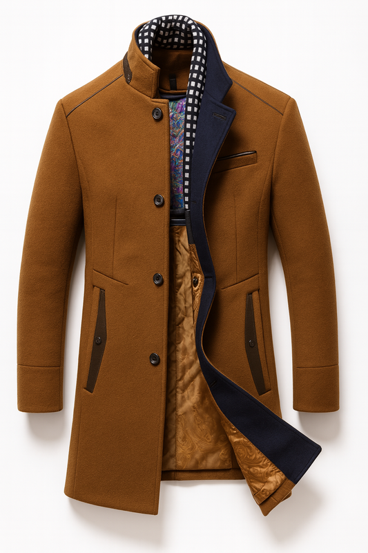 Stand Collar Overcoat with Layered Scarf Insert and Buttons for Men