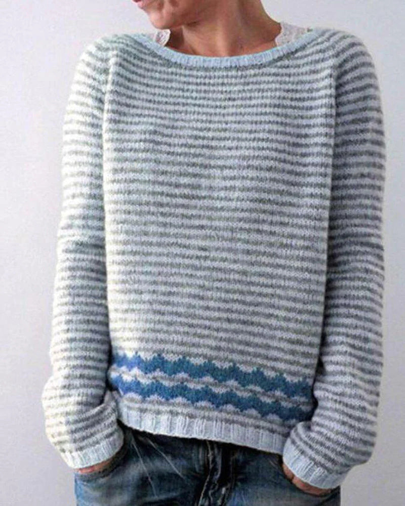 Striped Crew Neck Sweater with Zigzag Border and Raglan Fit for Women