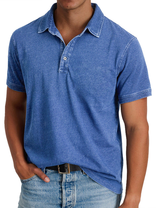 Short Sleeve Polo Shirt with Washed Effect and Button Placket for Men