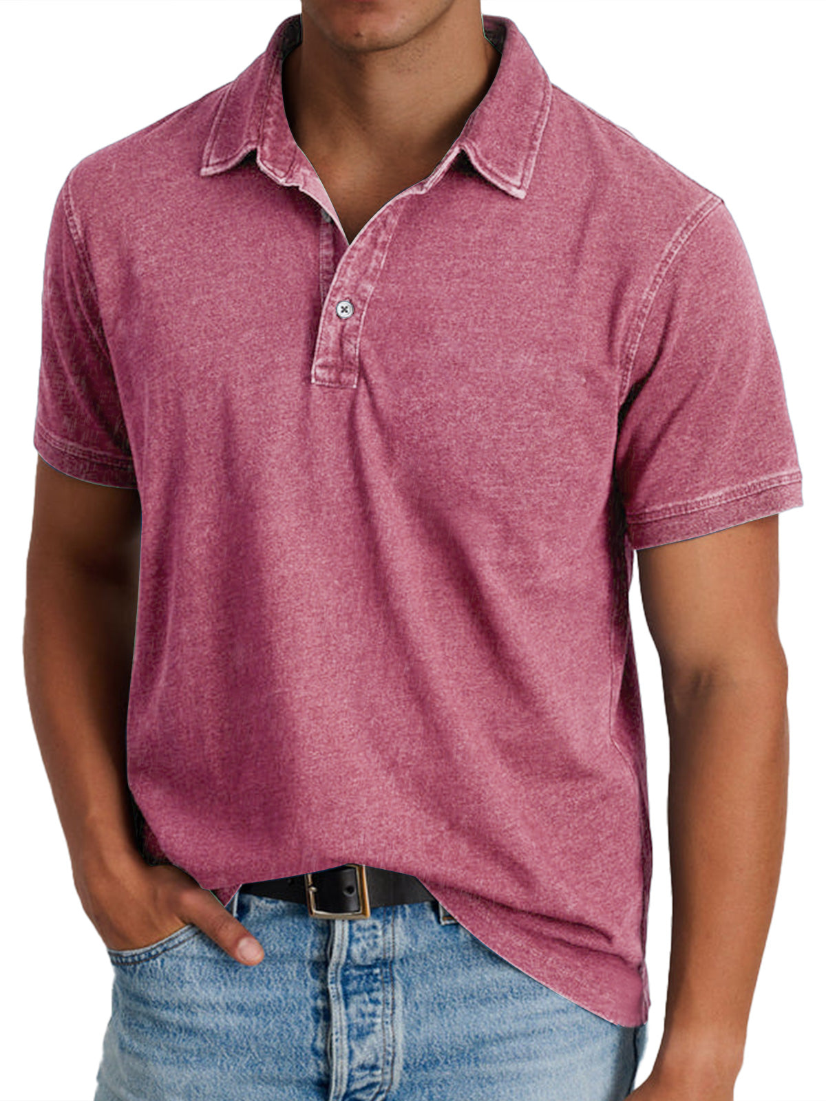 Short Sleeve Polo Shirt with Washed Effect and Button Placket for Men