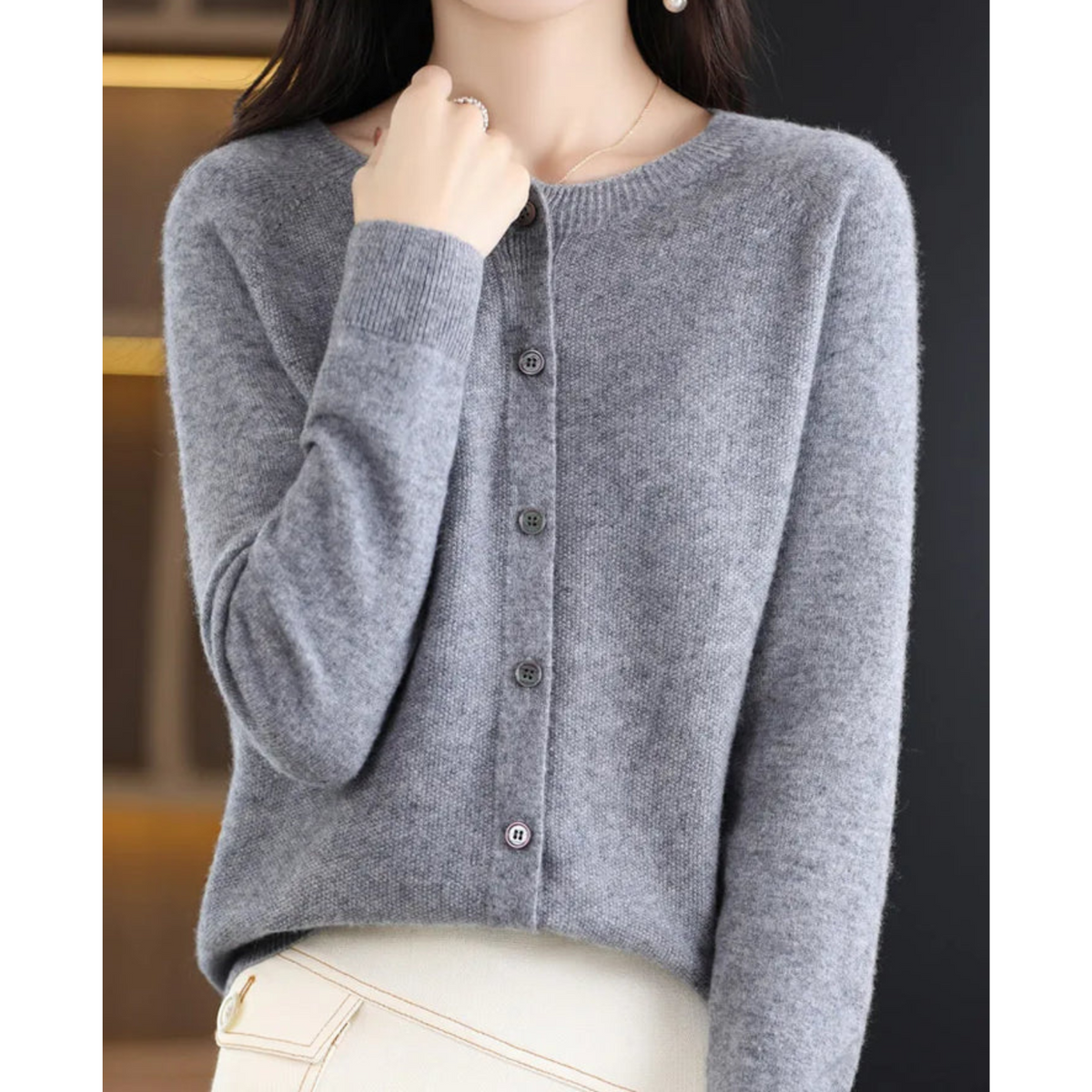 Crew Neck Button Cardigan with Soft Feel and Long Sleeves for Women