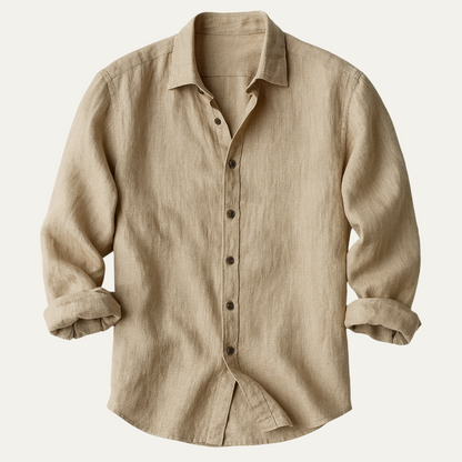 Long Sleeve Button Up Shirt with Pointed Collar and Curved Hem for Men