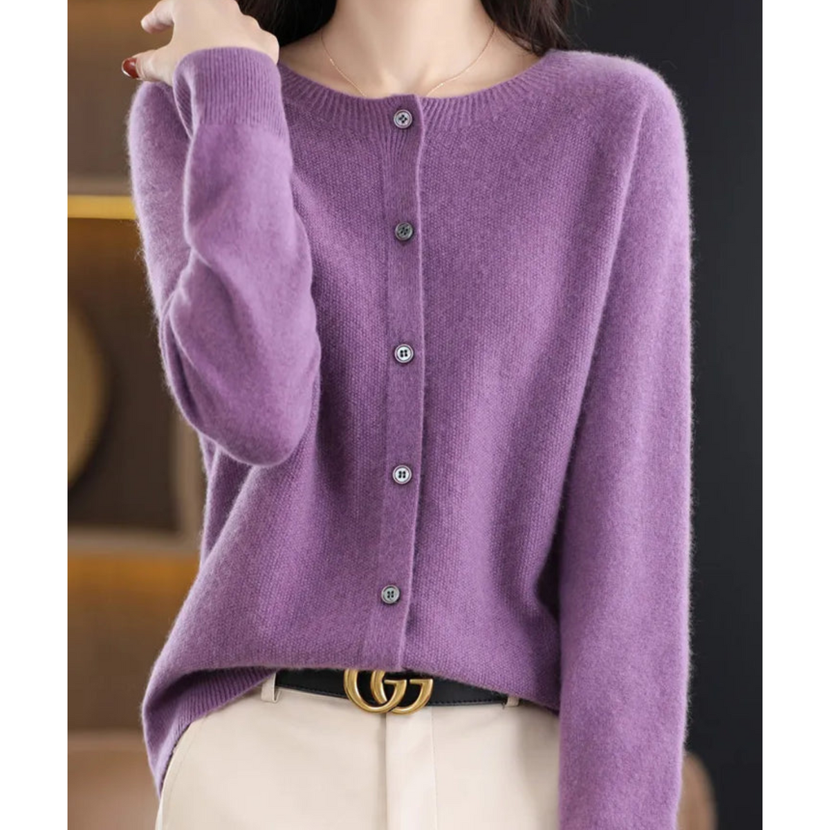 Crew Neck Button Cardigan with Soft Feel and Long Sleeves for Women