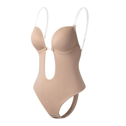 Deep V Backless Body Shaper with Clear Straps and Thong Back for Women