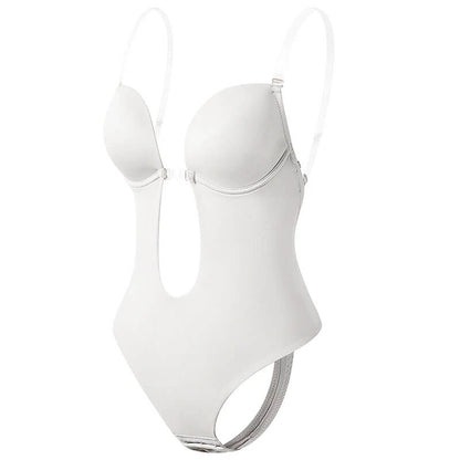 Deep V Backless Body Shaper with Clear Straps and Thong Back for Women