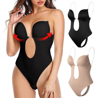 Deep V Backless Body Shaper with Clear Straps and Thong Back for Women