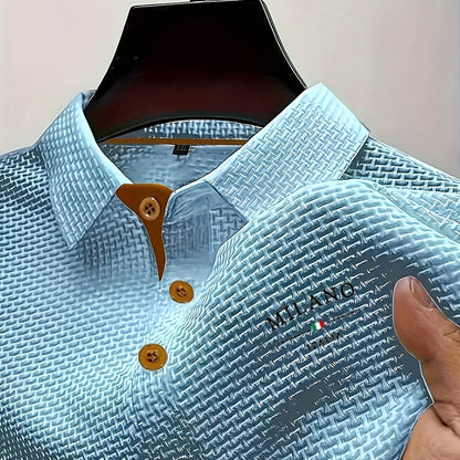 Long Sleeve Polo Shirt with Waffle Texture and Button Placket for Men