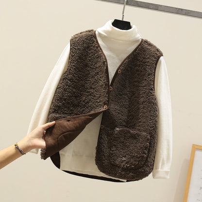 Plush Teddy Vest with Button Front and Patch Pockets for Women