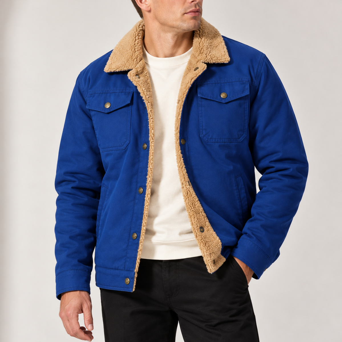 Plush Lined Trucker Jacket with Chest Pockets and Button Front for Men