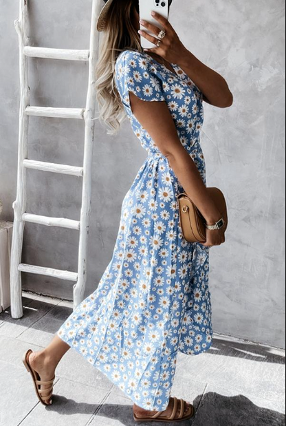 Robe Midi Appréciée avec Motif de Marguerites Éclatantes