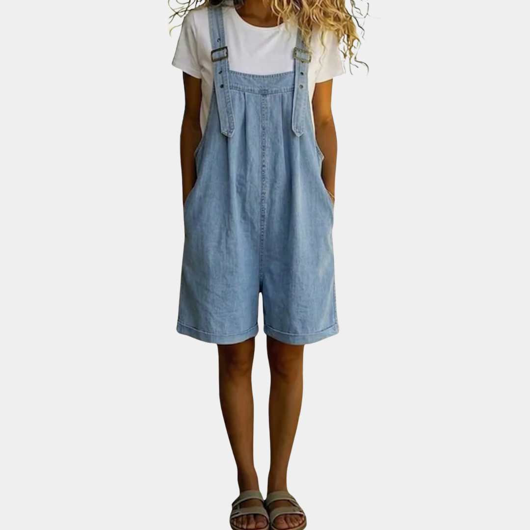 Washed Look Short Overalls with Buckle Straps and Pockets for Women