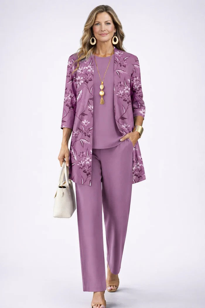 Three Piece Pant Set with Printed Duster Jacket and Top for Women