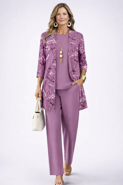 Three Piece Set with Printed Long Jacket and Straight Pants for Women