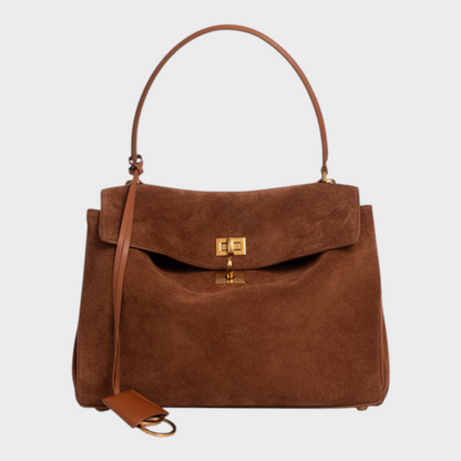 Structured Top Handle Bag with Turn Lock Flap and Long Strap for Women
