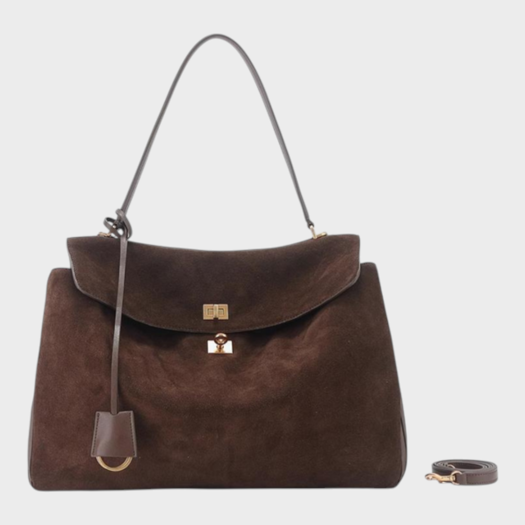Structured Top Handle Bag with Turn Lock Flap and Long Strap for Women