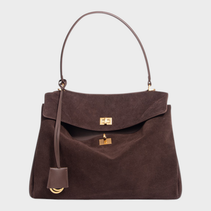 Structured Top Handle Bag with Turn Lock Flap and Long Strap for Women