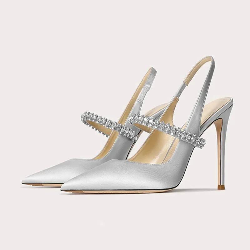 Pointed Toe Slingback Heels with Crystal Strap and Stiletto for Women