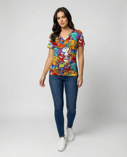 T-shirt confort à motif de chats coloré pour femmes
