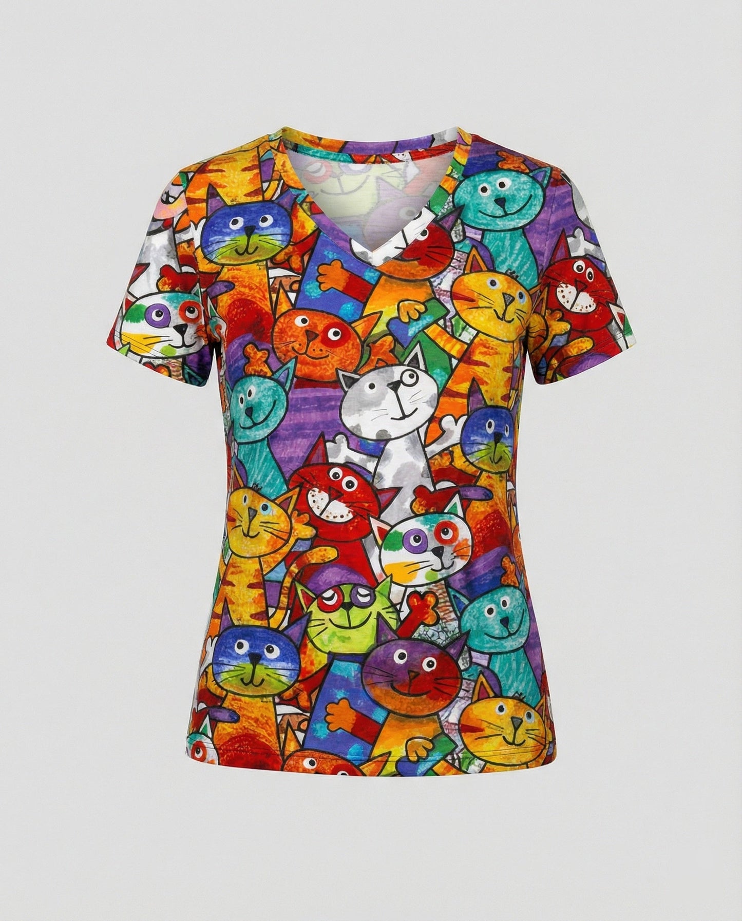 T-shirt confort à motif de chats coloré pour femmes