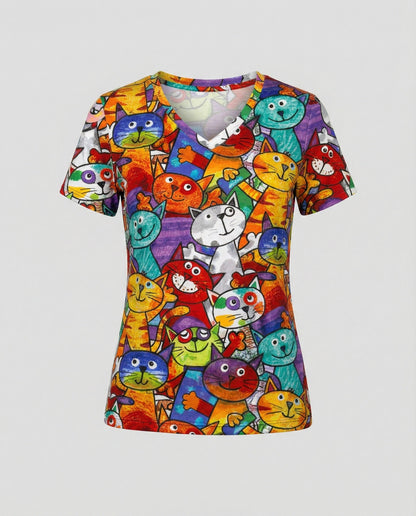 T-shirt confort à motif de chats coloré pour femmes