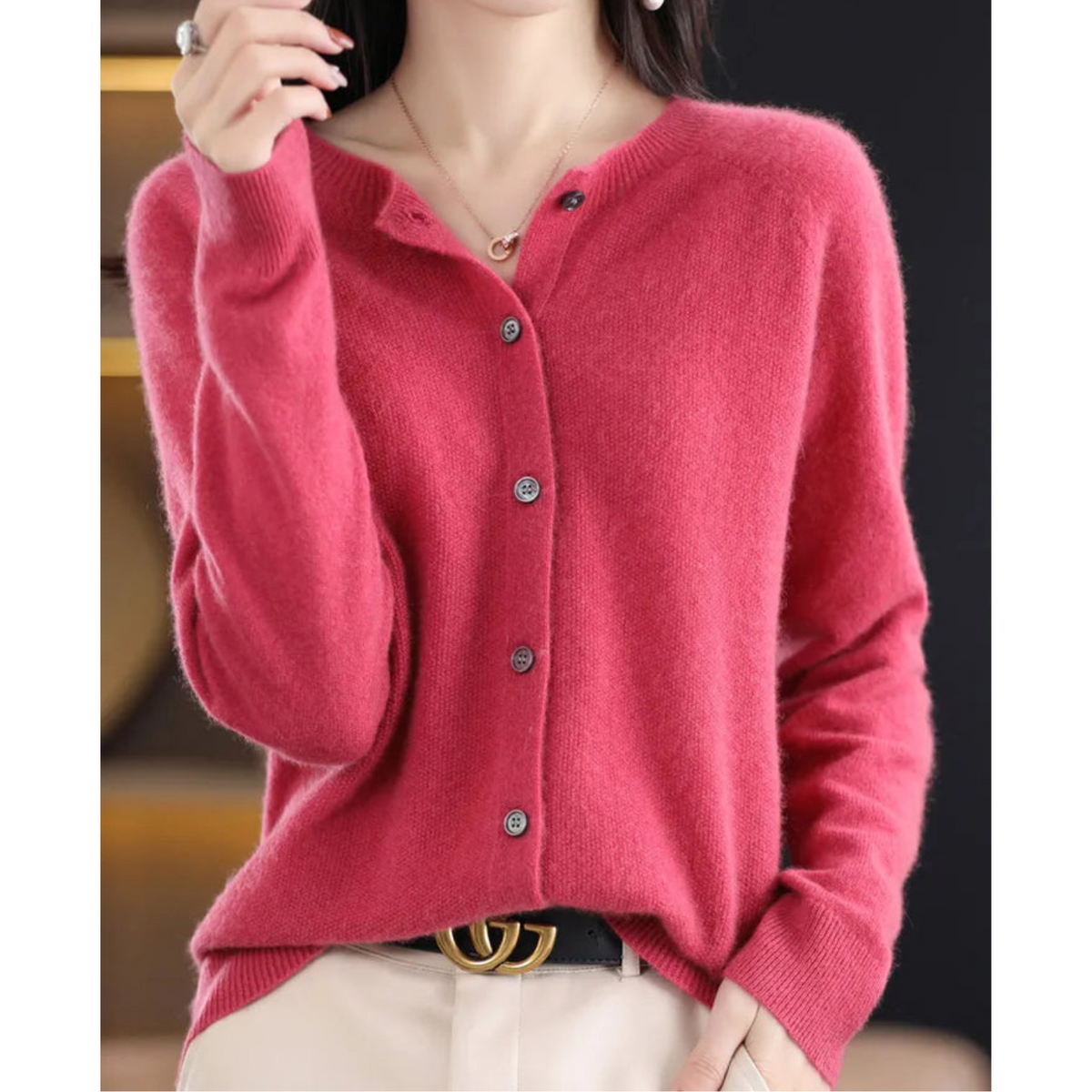 Crew Neck Button Cardigan with Soft Feel and Long Sleeves for Women