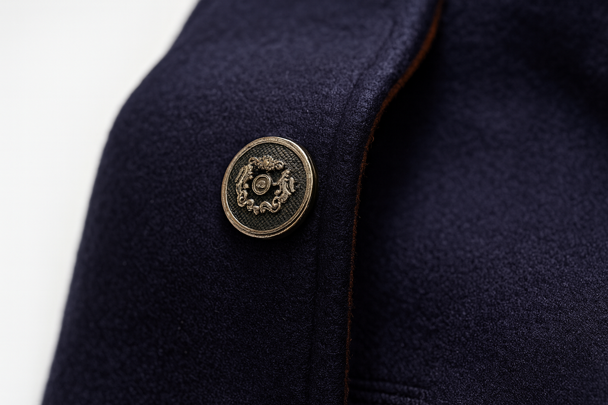 Stand Collar Overcoat with Layered Scarf Insert and Buttons for Men