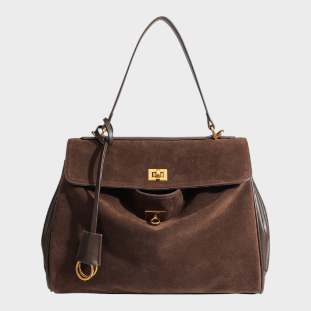Structured Top Handle Bag with Turn Lock Flap and Long Strap for Women