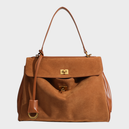 Structured Top Handle Bag with Turn Lock Flap and Long Strap for Women