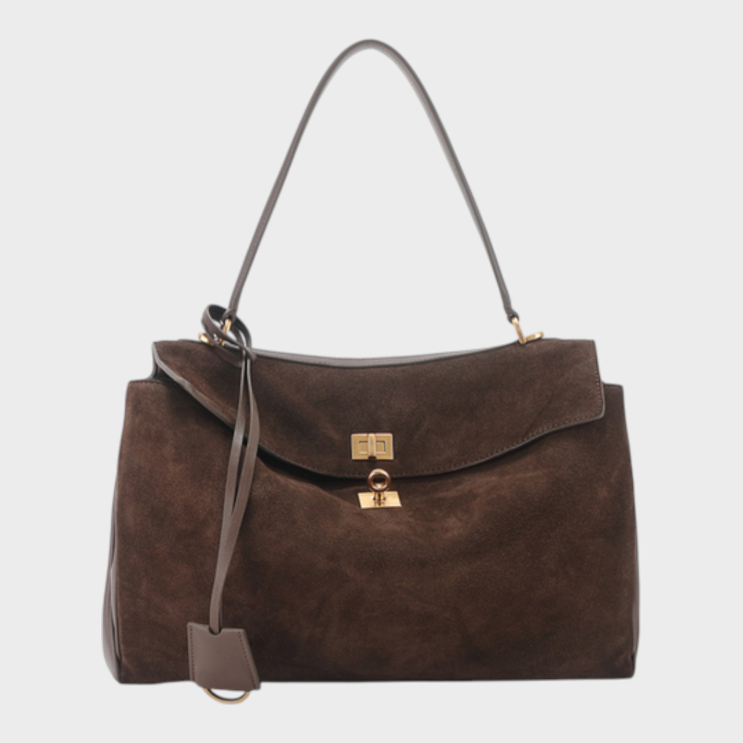 Structured Top Handle Bag with Turn Lock Flap and Long Strap for Women