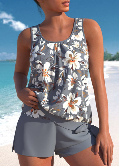 Leaf Print Blouson Tankini Set with Scoop Neck and Shorts for Women