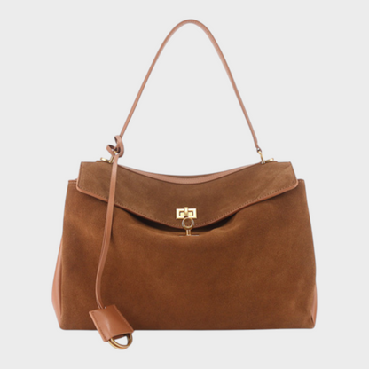 Structured Top Handle Bag with Turn Lock Flap and Long Strap for Women
