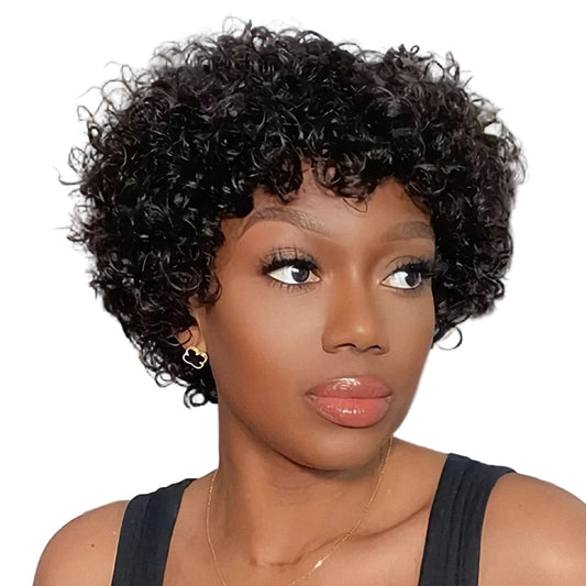 Perruques courtes bouclées cheveux humains coupe lutin