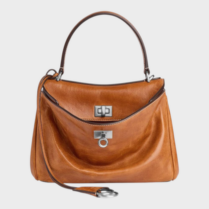Structured Top Handle Bag with Turn Lock Flap and Long Strap for Women
