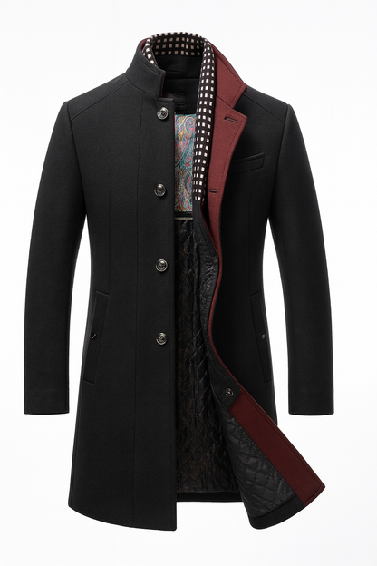 Stand Collar Overcoat with Layered Scarf Insert and Buttons for Men