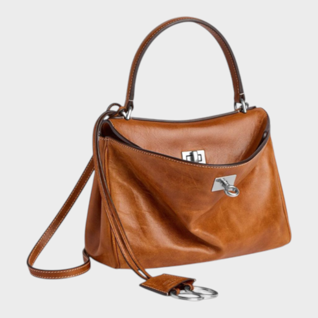 Structured Top Handle Bag with Turn Lock Flap and Long Strap for Women