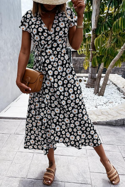 Robe Midi Appréciée avec Motif de Marguerites Éclatantes