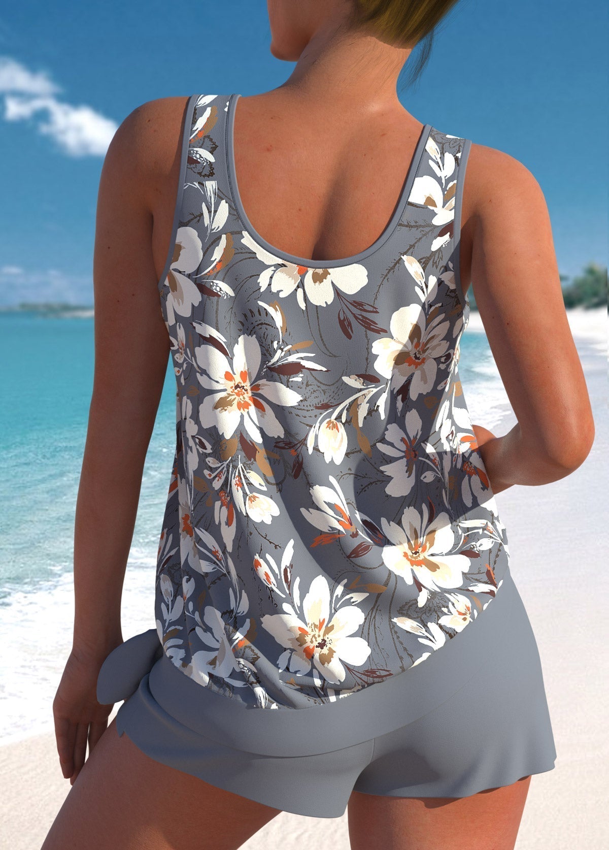 Leaf Print Blouson Tankini Set with Scoop Neck and Shorts for Women