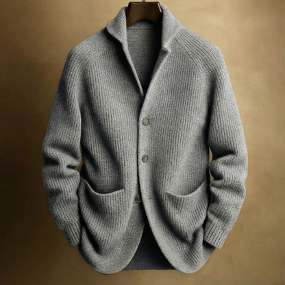 Ribbed Shawl Collar Cardigan Jacket with Patch Pockets for Men