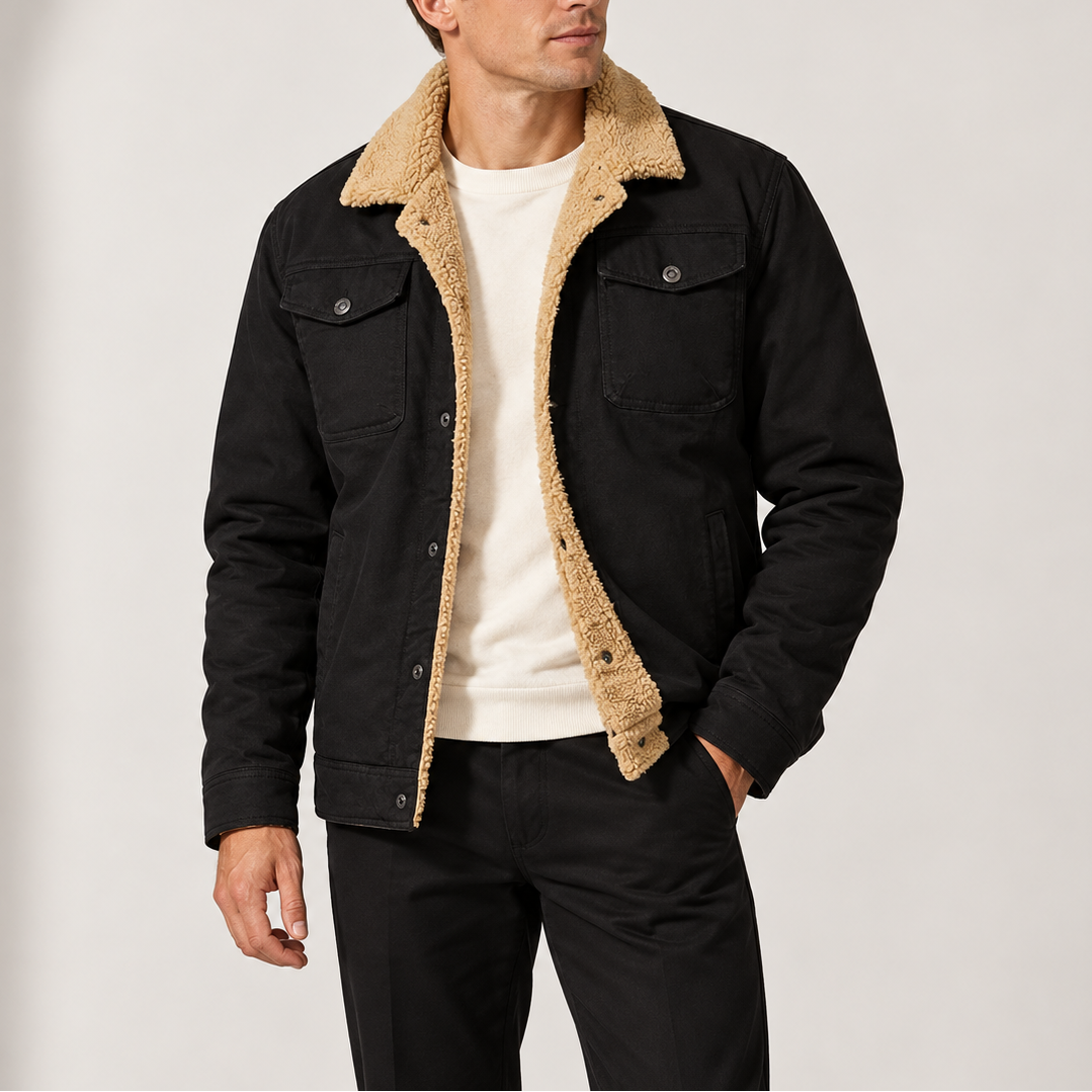 Plush Lined Trucker Jacket with Chest Pockets and Button Front for Men