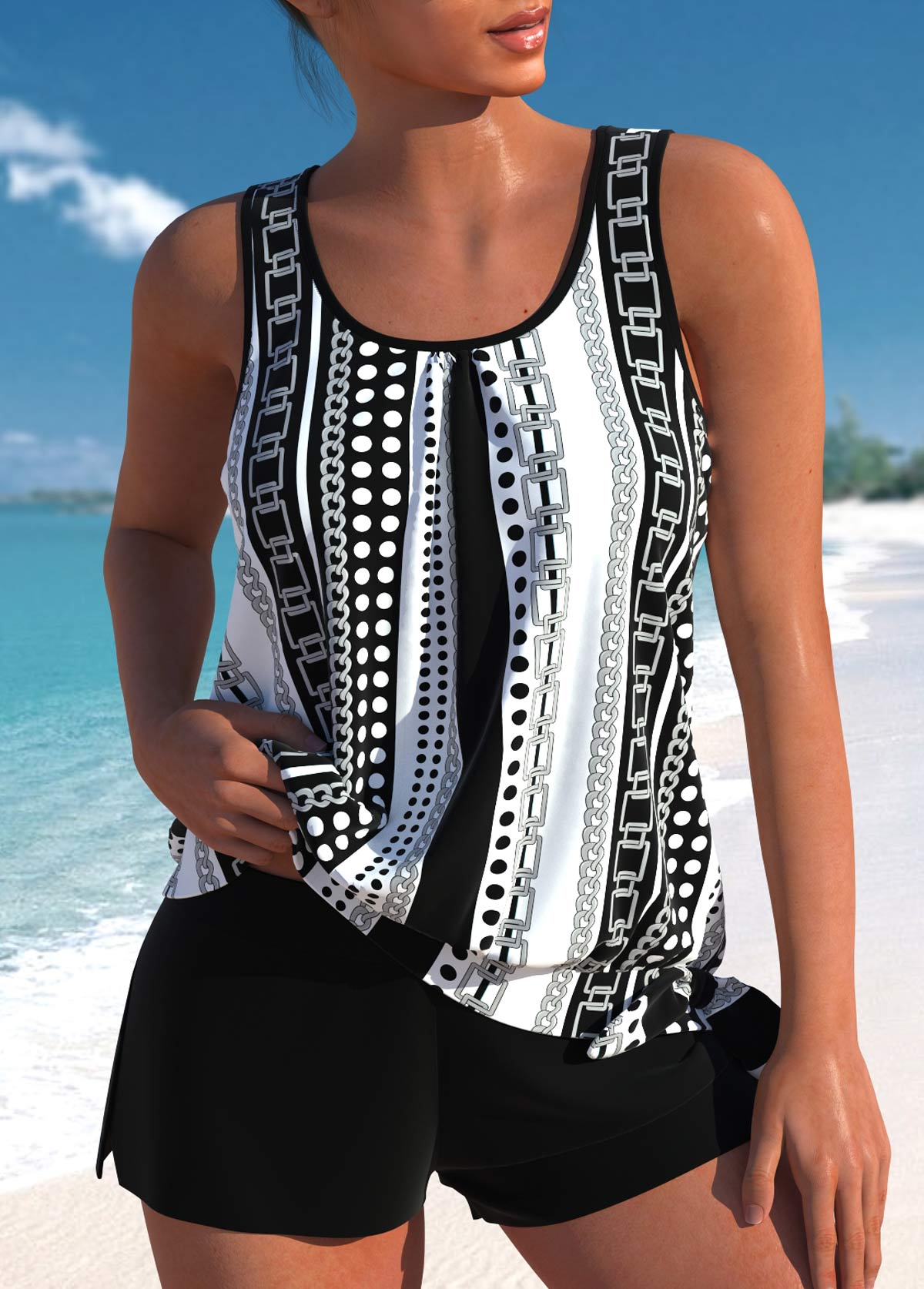 Leaf Print Blouson Tankini Set with Scoop Neck and Shorts for Women