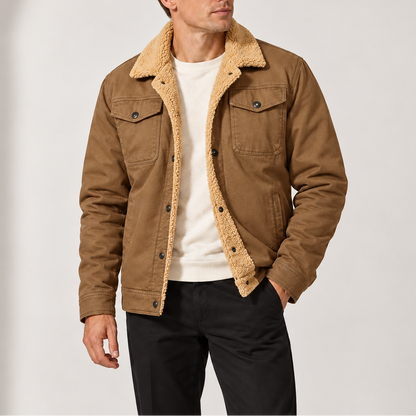 Plush Lined Trucker Jacket with Chest Pockets and Button Front for Men