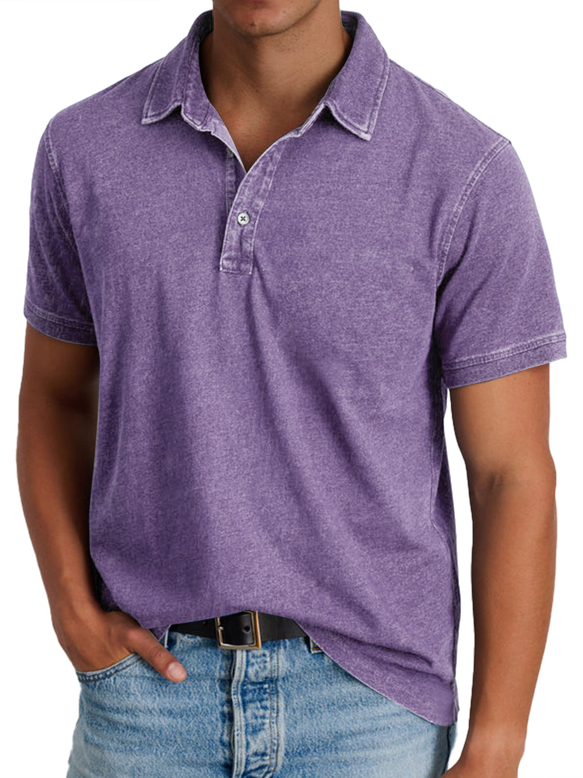 Short Sleeve Polo Shirt with Washed Effect and Button Placket for Men