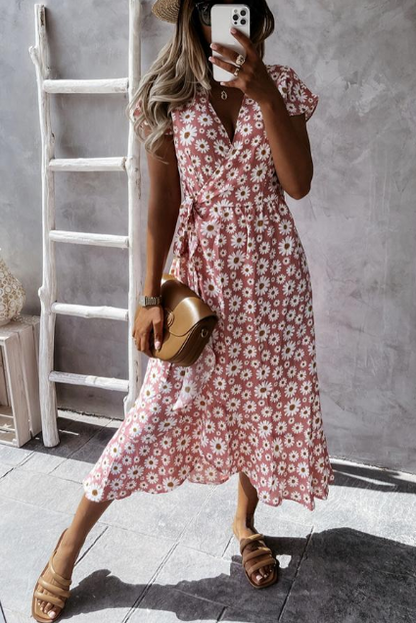 Robe Midi Appréciée avec Motif de Marguerites Éclatantes